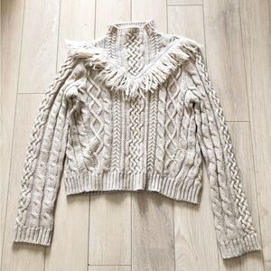 Amaryllis Fringe Cable Knit Sweater in Beige